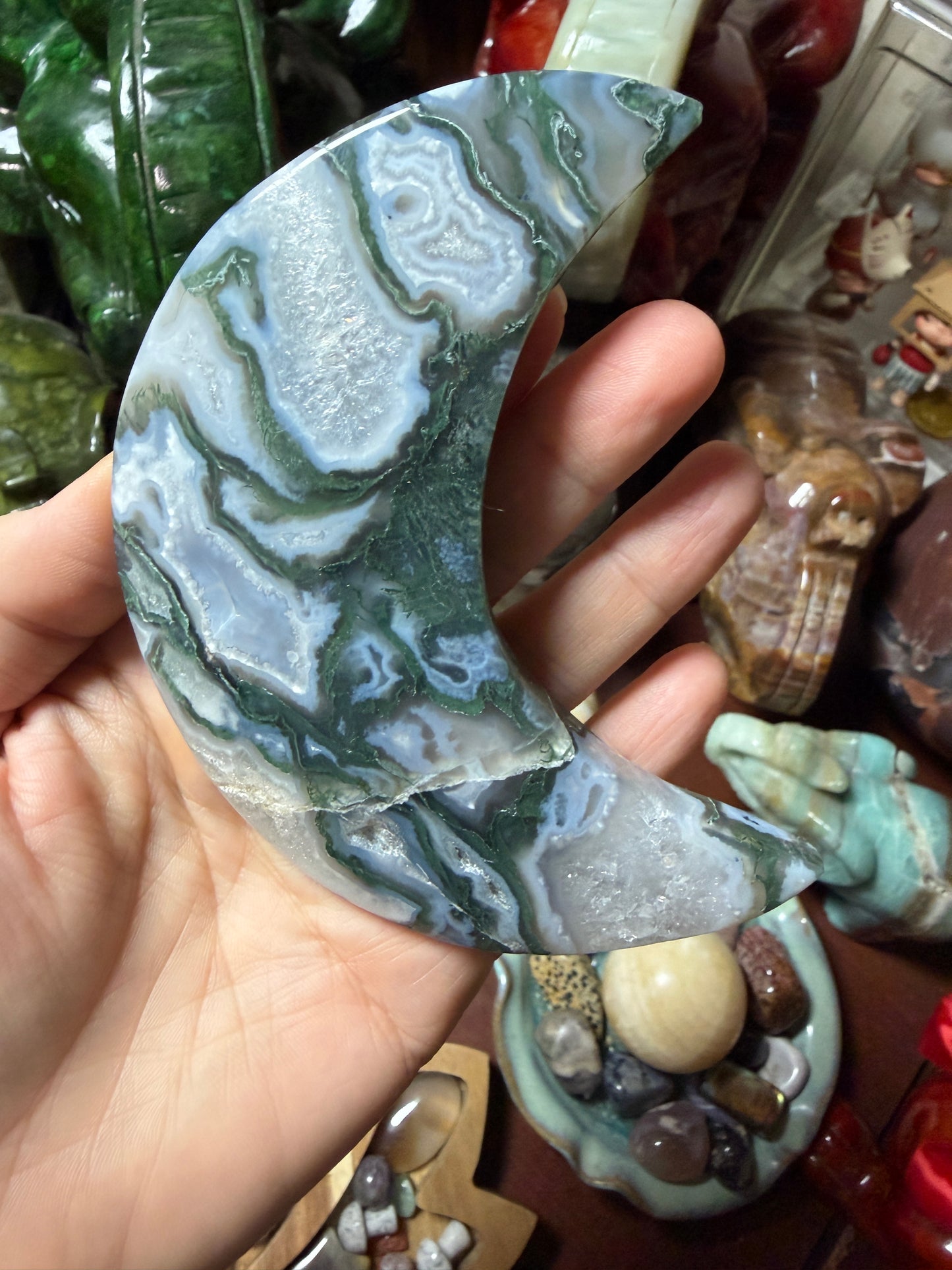 Moss Agate Moon Carving – 4.5” Natural Crystal Moon (198g)
