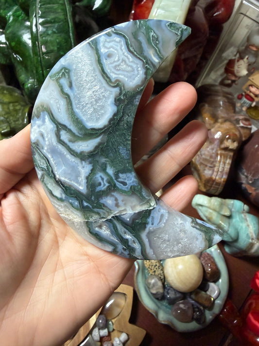 Moss Agate Moon Carving – 4.5” Natural Crystal Moon (198g)