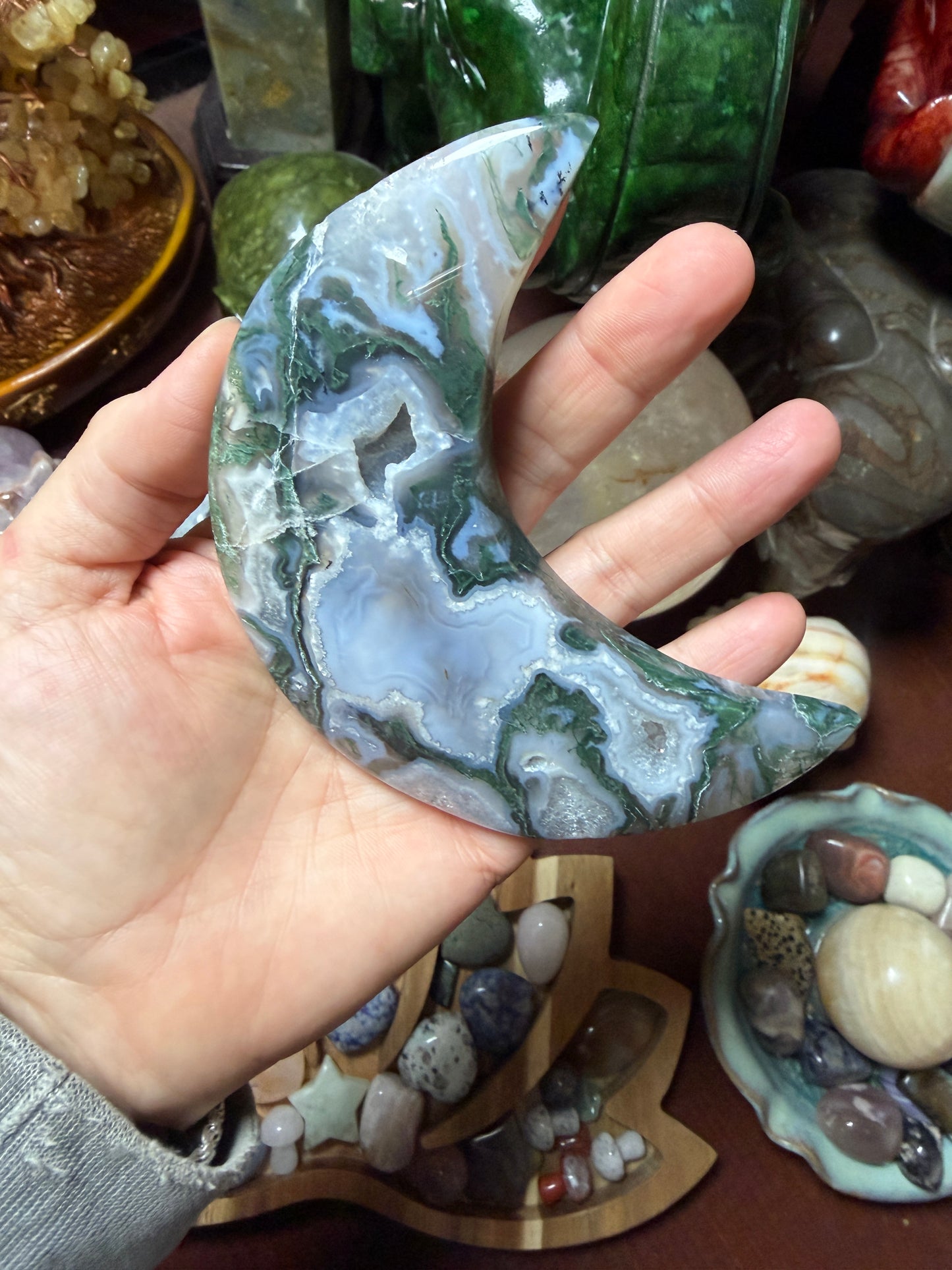Moss Agate Moon Carving – 4.5” Natural Crystal Moon (198g)