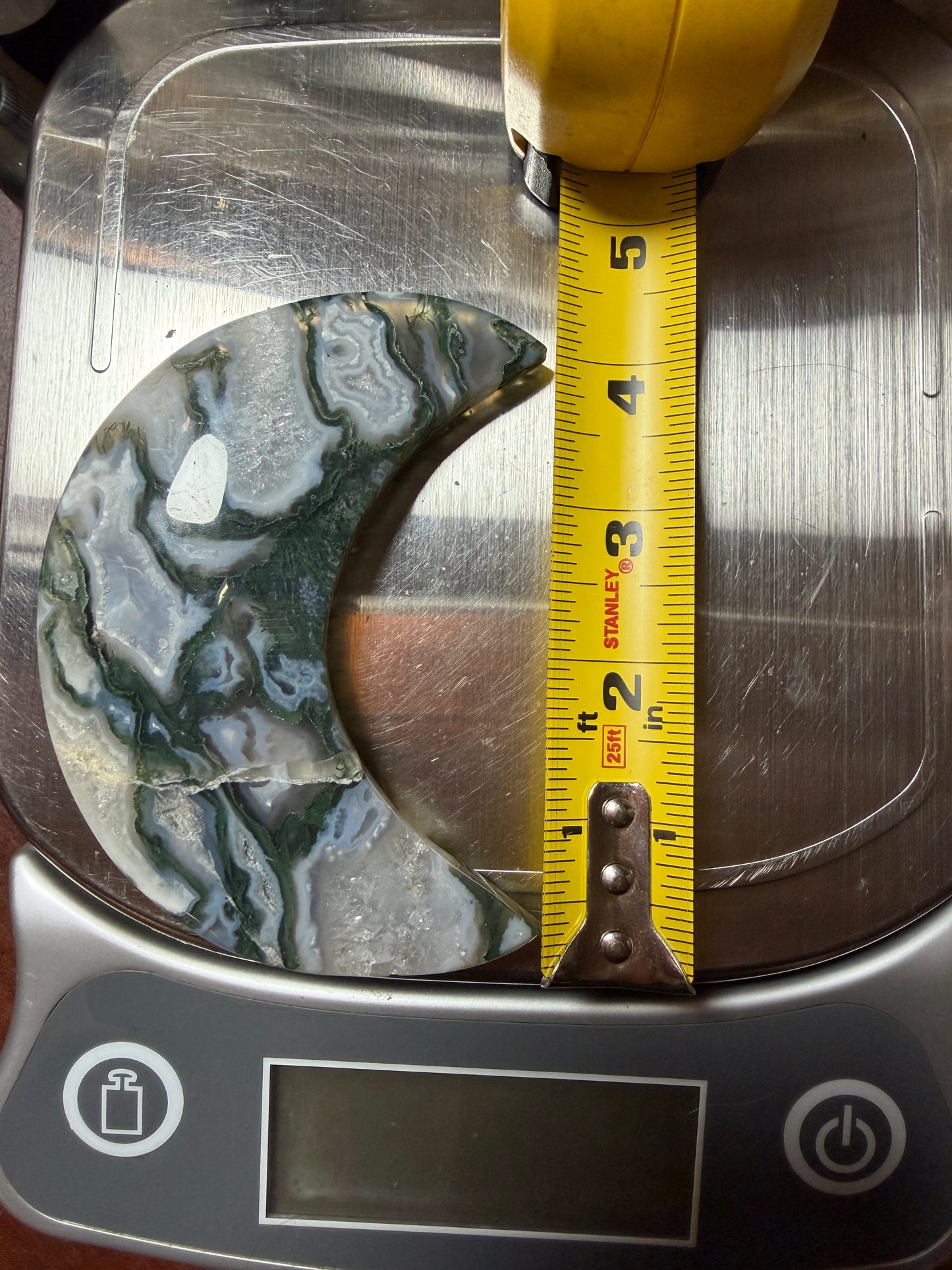 Moss Agate Moon Carving – 4.5” Natural Crystal Moon (198g)