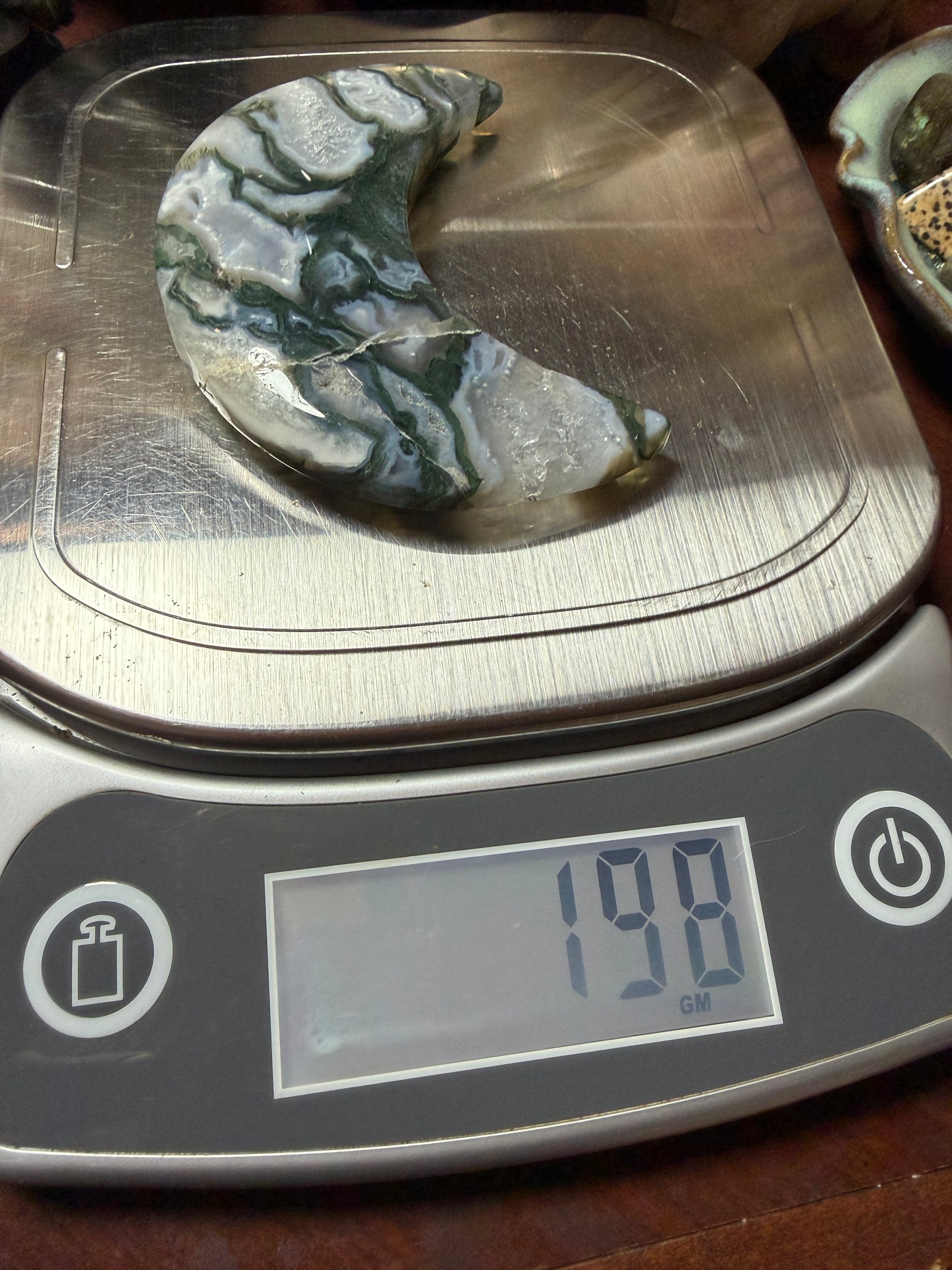Moss Agate Moon Carving – 4.5” Natural Crystal Moon (198g)
