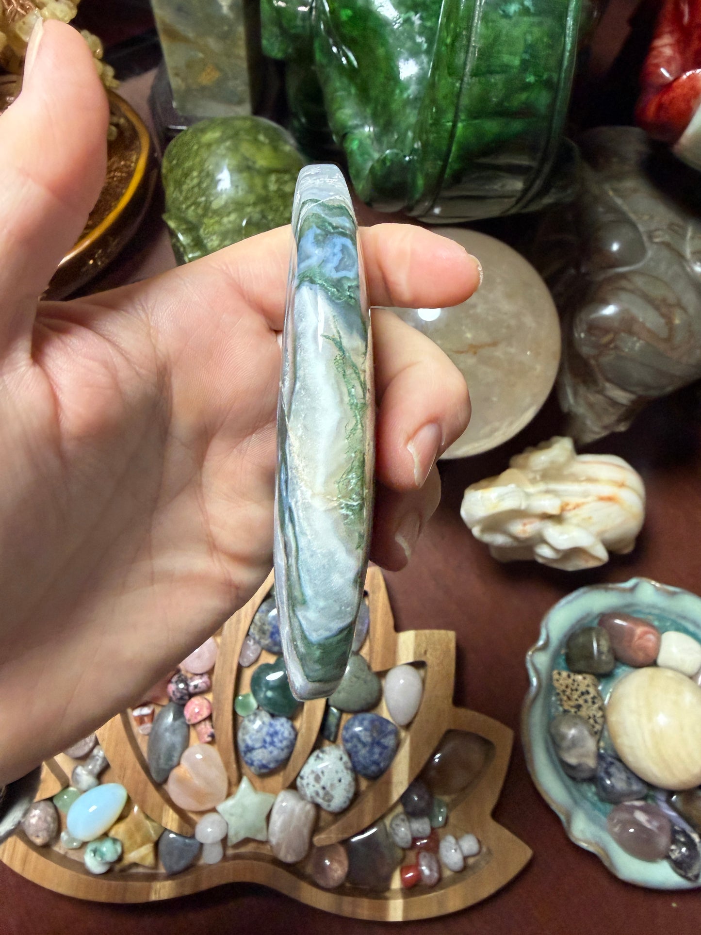 Moss Agate Moon Carving – 4.5” Natural Crystal Moon (198g)