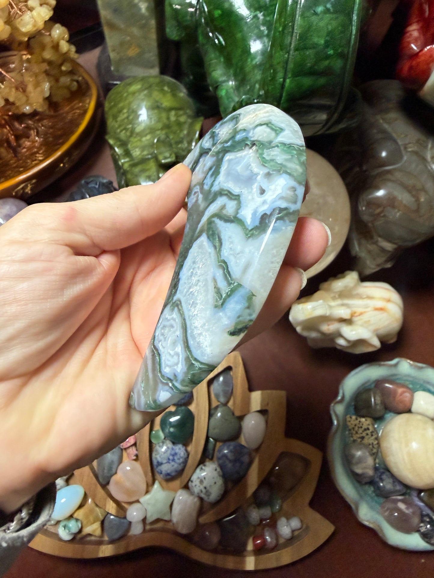 Moss Agate Moon Carving – 4.5” Natural Crystal Moon (198g)